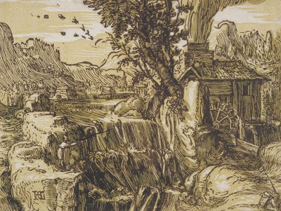 Landschap met een Waterval door Hendrik Goltzius